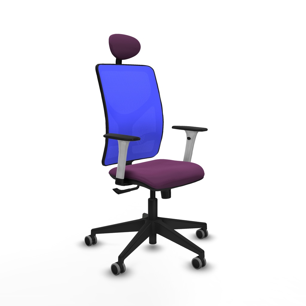 [21S2M1S760B1B066G1] Motilla sincro malla azul similpiel morado brazos blancos base piramidal cabecero fijo ruedas 65mm engomadas