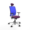 Motilla sincro malla azul similpiel morado brazos blancos base aluminio cabecero fijo ruedas 65mm nailon