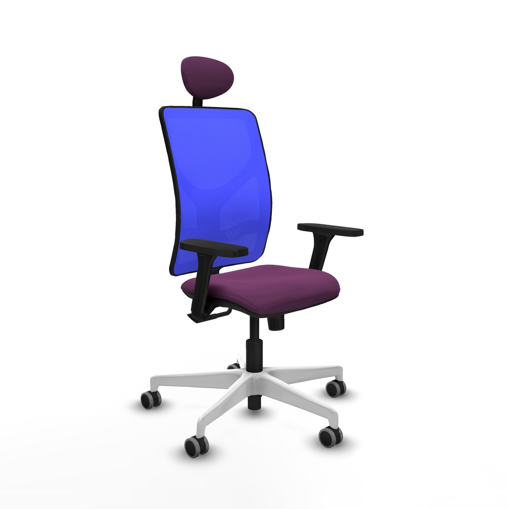 Motilla sincro malla azul similpiel morado brazos 3D base blanca cabecero fijo ruedas 65mm engomadas