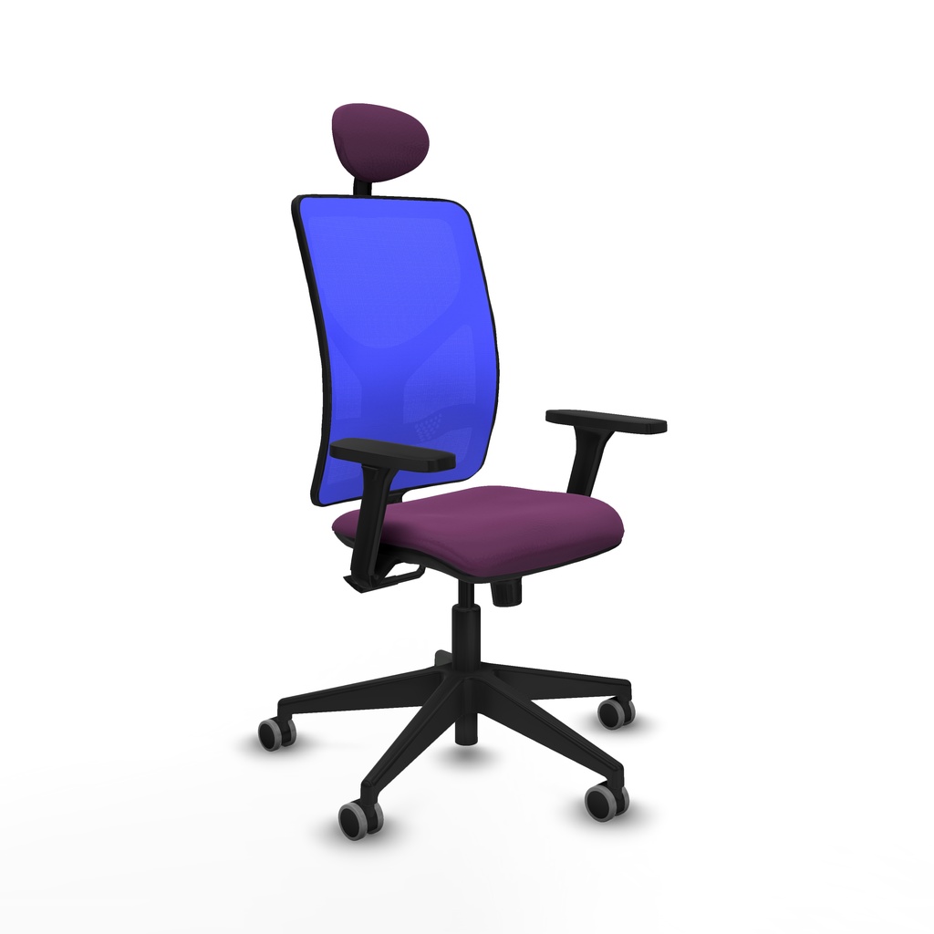 Motilla sincro malla azul similpiel morado brazos 3D base piramidal cabecero fijo ruedas 65mm engomadas