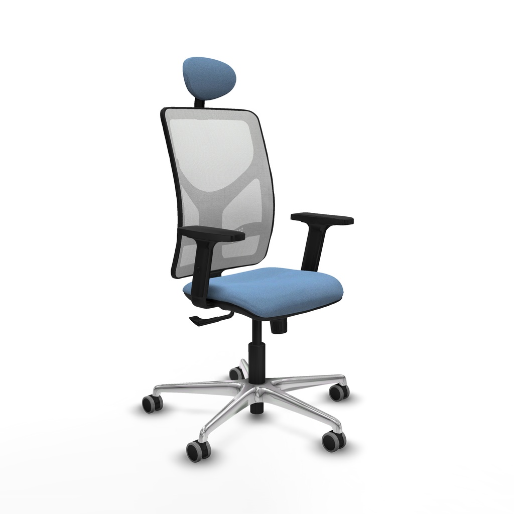 Motilla sincro malla blanca bali azul cielo brazos 2D base aluminio cabecero fijo ruedas 65mm engomadas