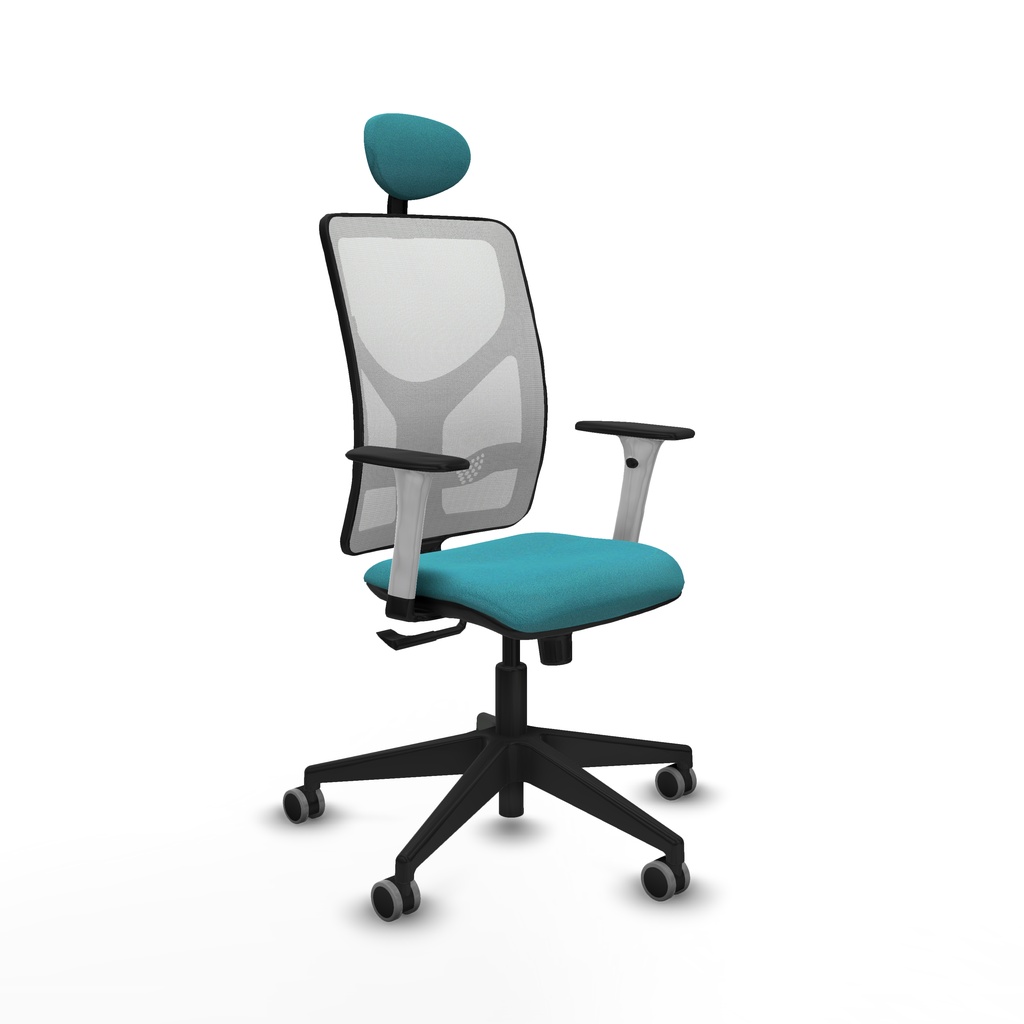 [21S2M2B39B1B066G1] Motilla sincro malla blanca bali turquesa brazos blancos base piramidal cabecero fijo ruedas 65mm engomadas