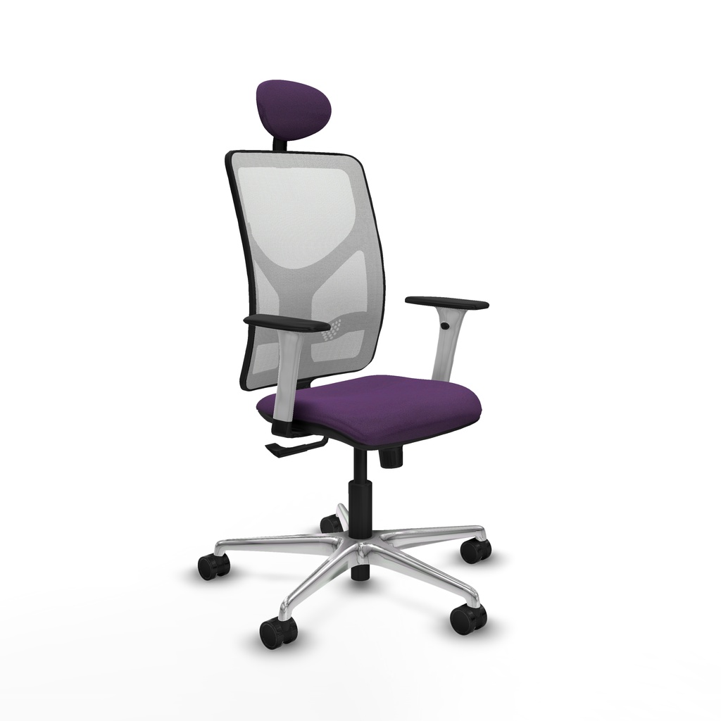 Motilla sincro malla blanca bali morado brazos blancos base aluminio cabecero fijo ruedas 65mm nailon