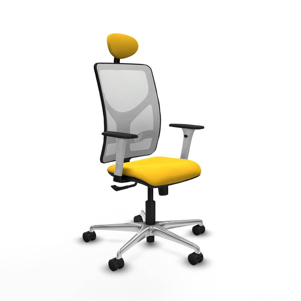 Motilla sincro malla blanca similpiel amarillo brazos blancos base aluminio cabecero fijo ruedas 65mm nailon