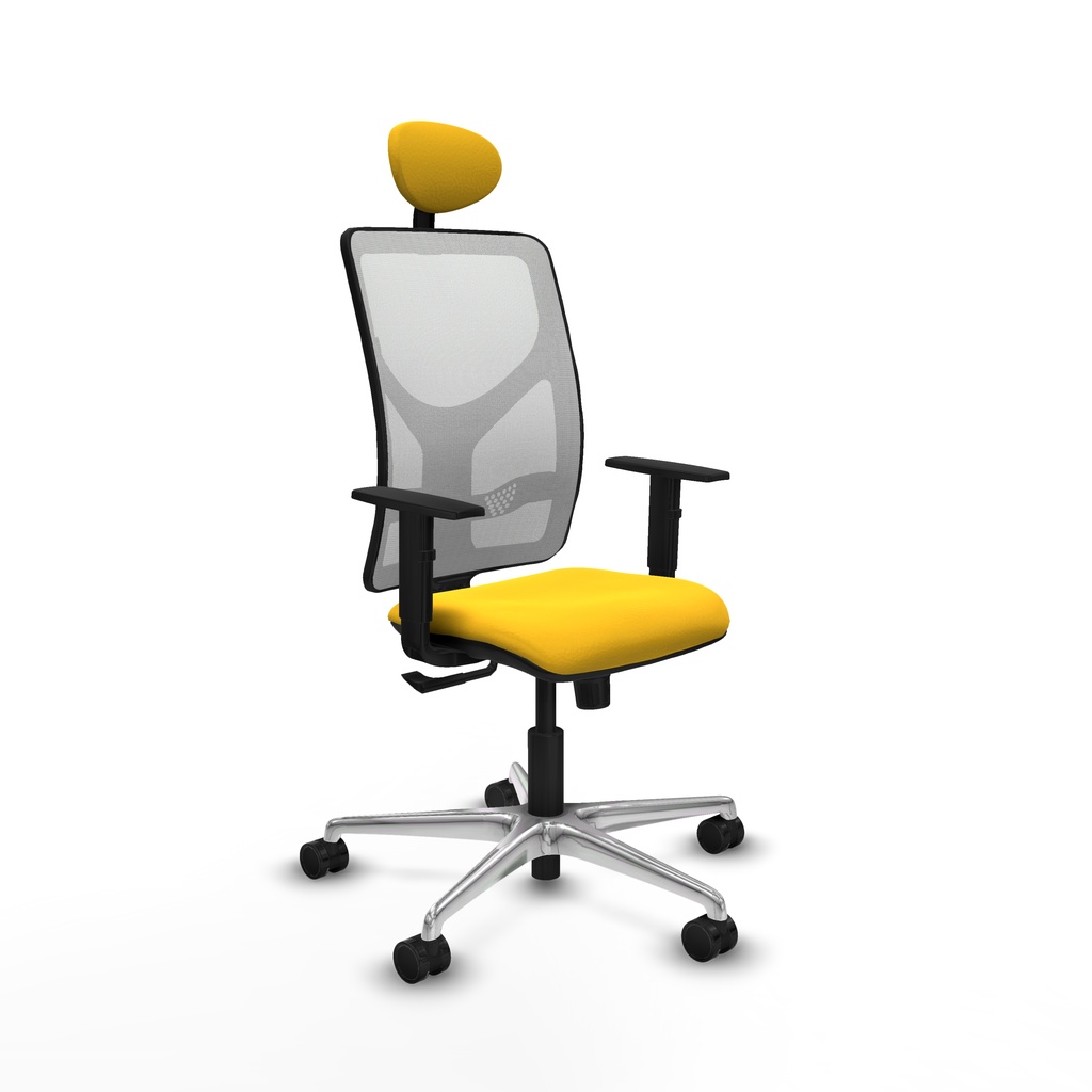 Motilla sincro malla blanca similpiel amarillo brazos 1D base aluminio cabecero fijo ruedas 65mm nailon