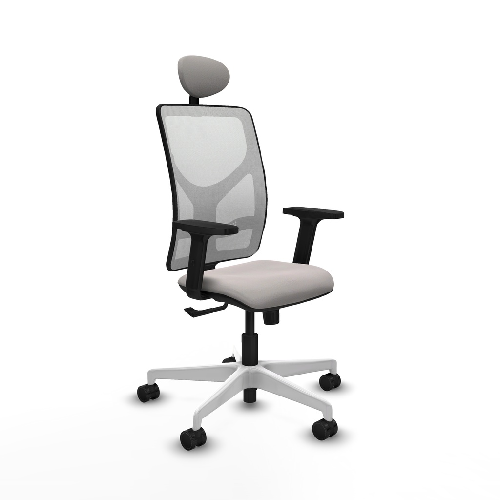 Motilla sincro malla blanca similpiel blanco brazos 2D base blanca cabecero fijo ruedas 65mm nailon