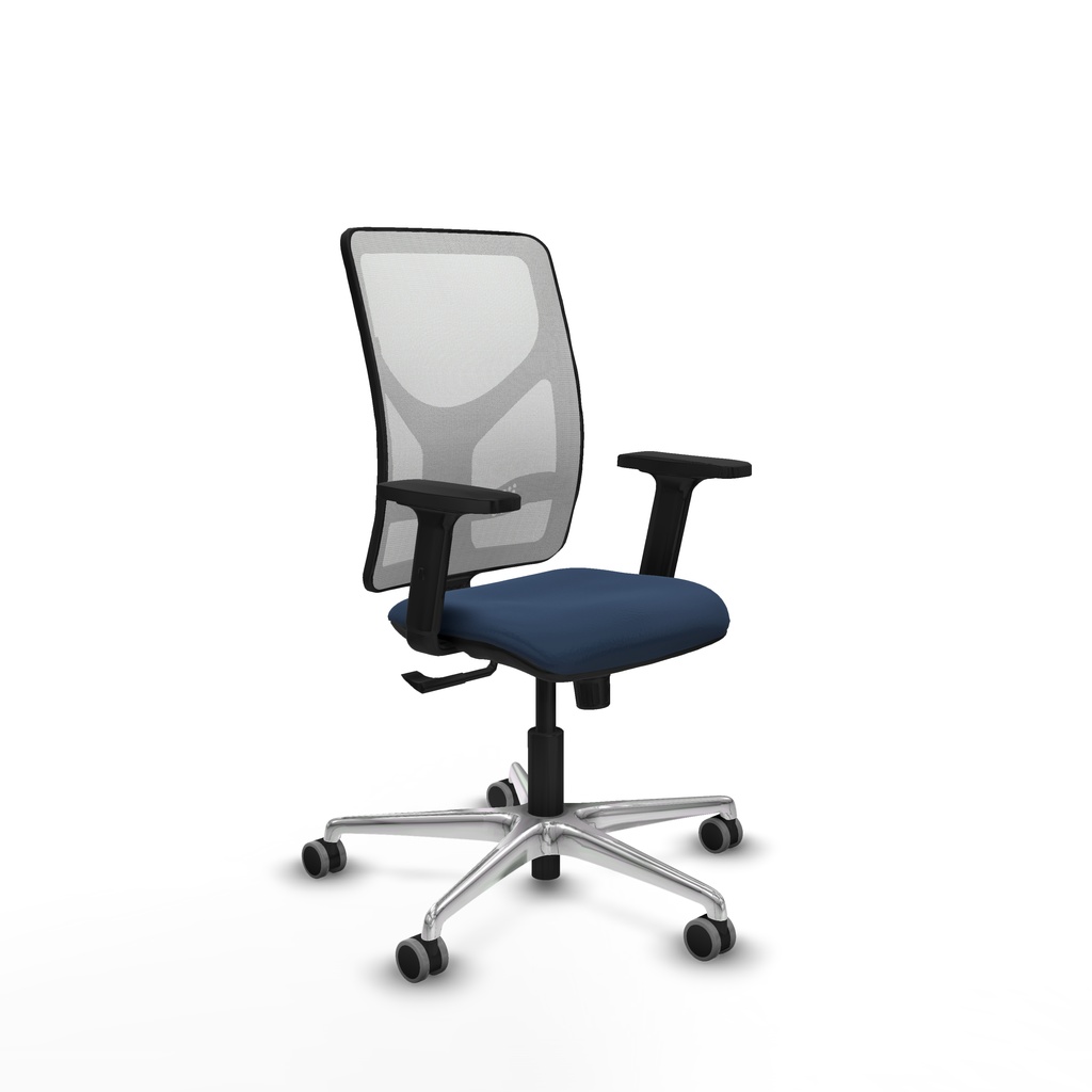 Motilla sincro malla blanca similpiel azul marino brazos 2D base aluminio  ruedas 65mm engomadas