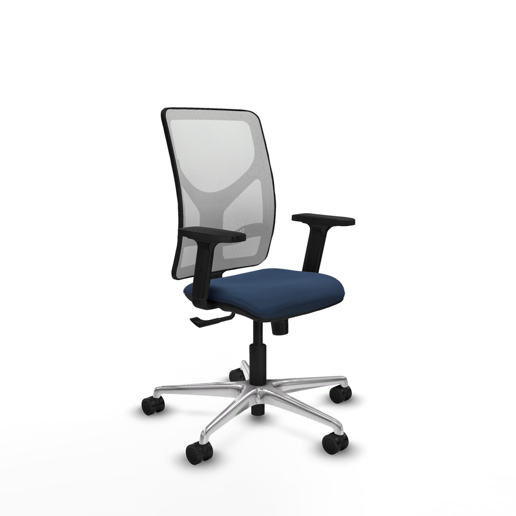 Motilla sincro malla blanca similpiel azul marino brazos 2D base aluminio  ruedas 65mm nailon