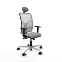Motilla sincro malla blanca similpiel gris brazos 1D base aluminio cabecero fijo ruedas 65mm nailon