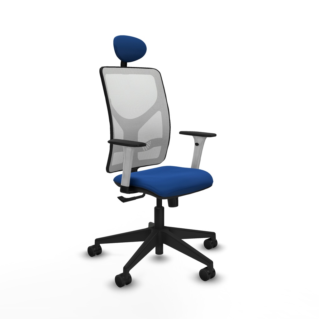 [21S2M2S229B1B066N1] Motilla sincro malla blanca similpiel azul brazos blancos base piramidal cabecero fijo ruedas 65mm nailon