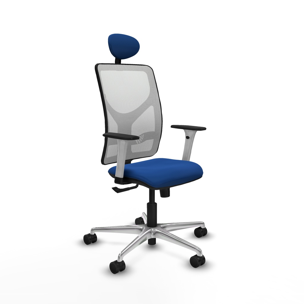 Motilla sincro malla blanca similpiel azul brazos blancos base aluminio cabecero fijo ruedas 65mm nailon