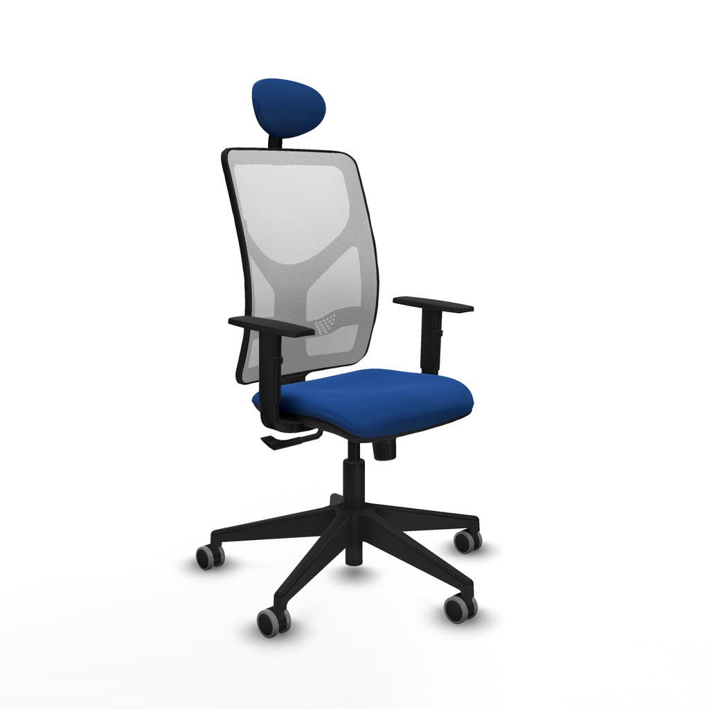Motilla sincro malla blanca similpiel azul brazos 1D base piramidal cabecero fijo ruedas 65mm engomadas