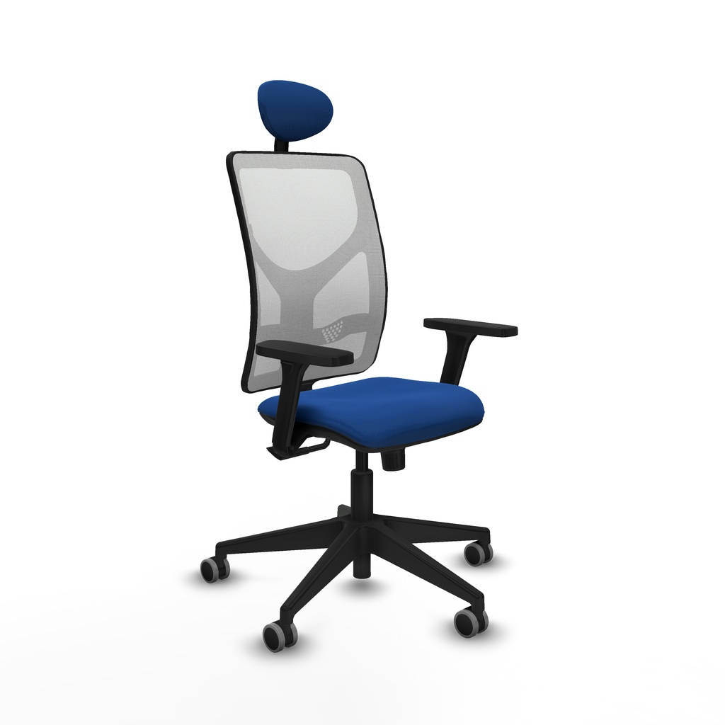 Motilla sincro malla blanca similpiel azul brazos 3D base piramidal cabecero fijo ruedas 65mm engomadas