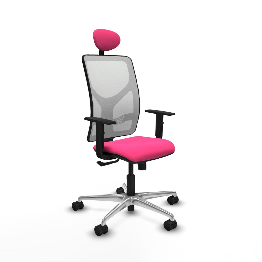 Motilla sincro malla blanca similpiel rosa brazos 1D base aluminio cabecero fijo ruedas 65mm nailon