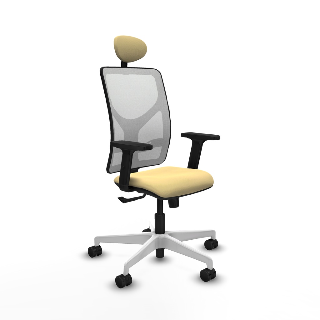 Motilla sincro malla blanca similpiel crema brazos 2D base blanca cabecero fijo ruedas 65mm nailon