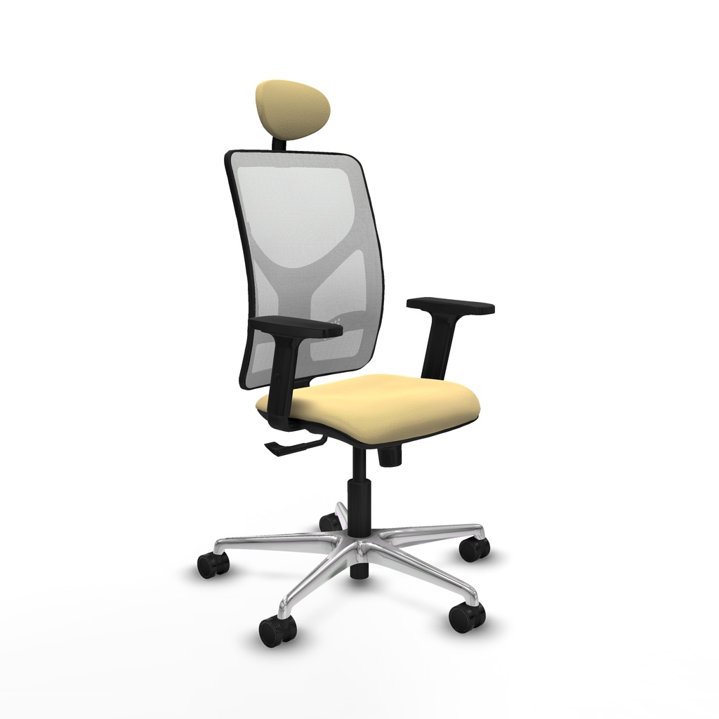 Motilla sincro malla blanca similpiel crema brazos 2D base aluminio cabecero fijo ruedas 65mm nailon