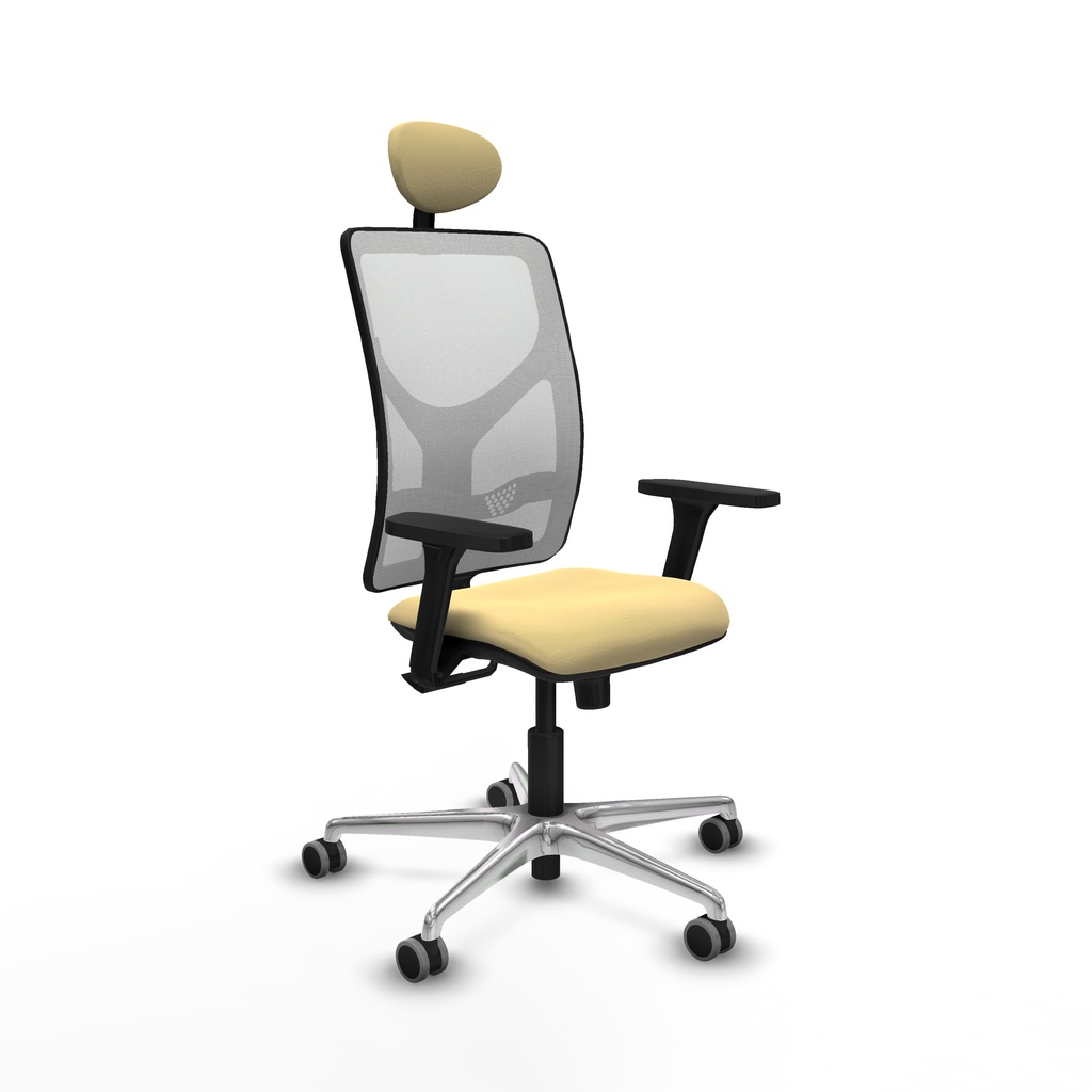 Motilla sincro malla blanca similpiel crema brazos 3D base aluminio cabecero fijo ruedas 65mm engomadas
