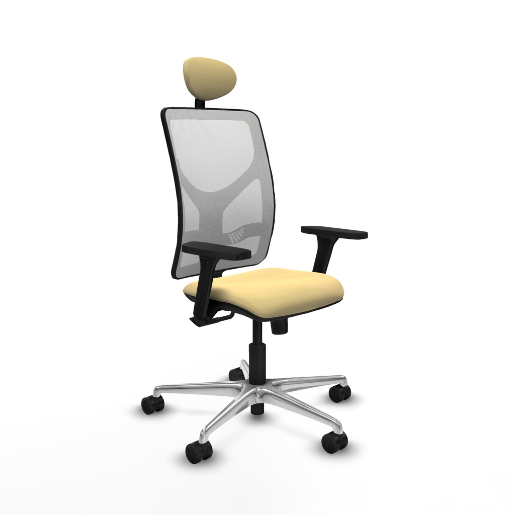 Motilla sincro malla blanca similpiel crema brazos 3D base aluminio cabecero fijo ruedas 65mm nailon