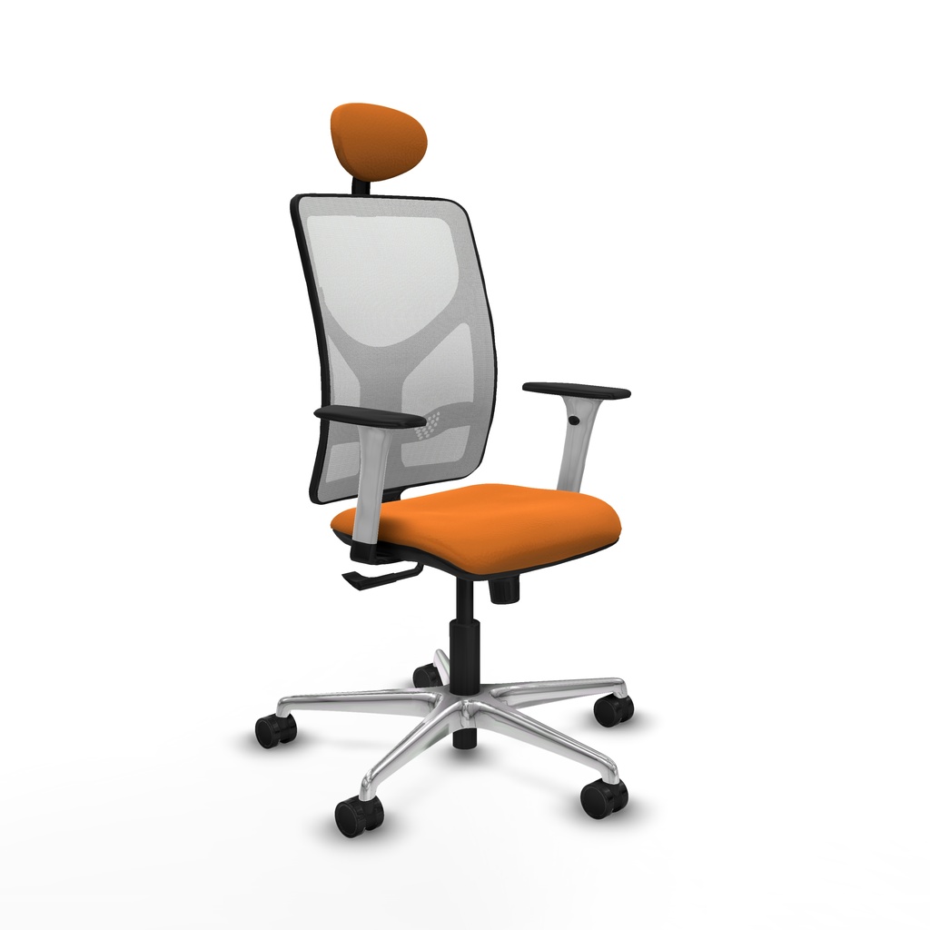 Motilla sincro malla blanca similpiel naranja brazos blancos base aluminio cabecero fijo ruedas 65mm nailon