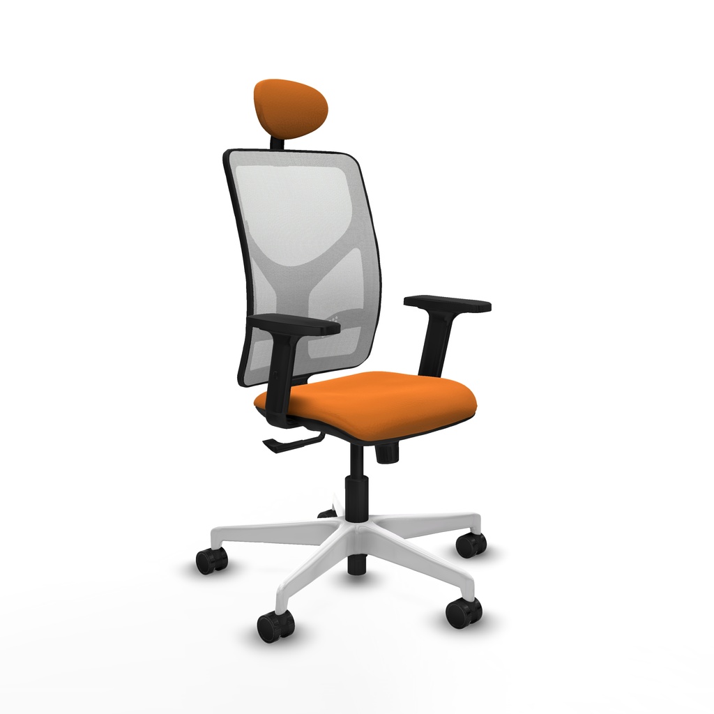 Motilla sincro malla blanca similpiel naranja brazos 2D base blanca cabecero fijo ruedas 65mm nailon
