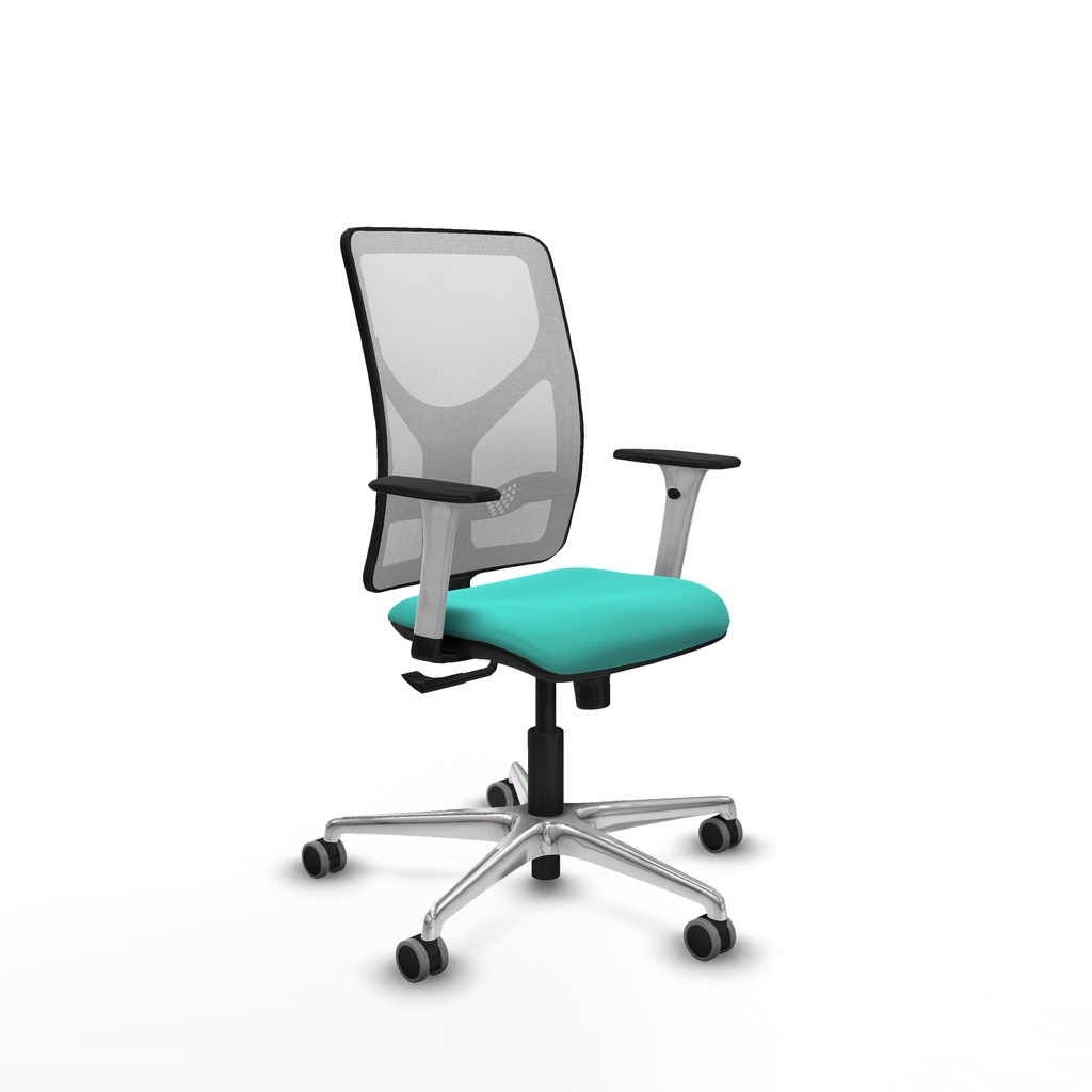 Motilla sincro malla blanca similpiel turquesa brazos blancos base aluminio  ruedas 65mm engomadas