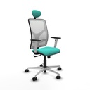 Motilla sincro malla blanca similpiel turquesa brazos blancos base aluminio cabecero fijo ruedas 65mm nailon