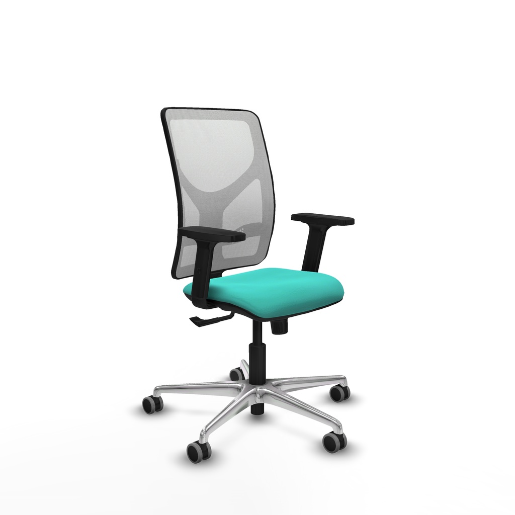 Motilla sincro malla blanca similpiel turquesa brazos 2D base aluminio  ruedas 65mm engomadas