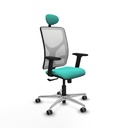 Motilla sincro malla blanca similpiel turquesa brazos 2D base aluminio cabecero fijo ruedas 65mm engomadas