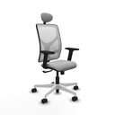 Motilla sincro malla blanca similpiel gris claro brazos 2D base blanca cabecero fijo ruedas 65mm nailon