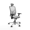 Motilla sincro malla blanca similpiel gris claro brazos 3D base aluminio cabecero fijo ruedas 65mm engomadas