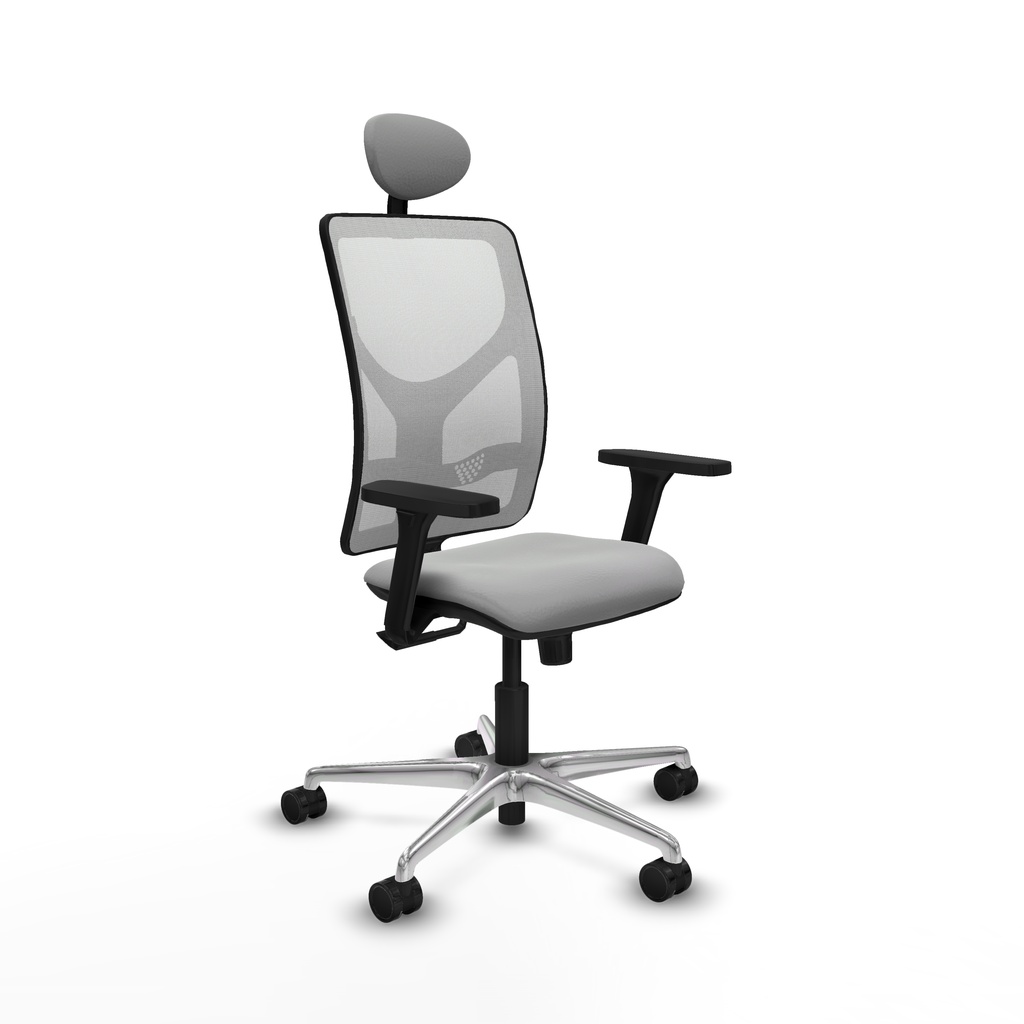 Motilla sincro malla blanca similpiel gris claro brazos 3D base aluminio cabecero fijo ruedas 65mm nailon