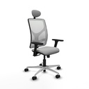 Motilla sincro malla blanca similpiel gris claro brazos 3D base aluminio cabecero fijo ruedas 65mm nailon