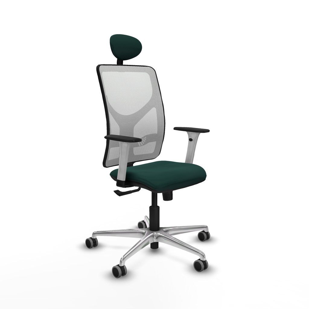 Motilla sincro malla blanca similpiel verde botella brazos blancos base aluminio cabecero fijo ruedas 65mm engomadas