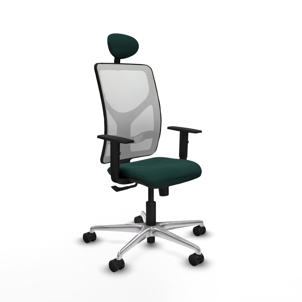 Motilla sincro malla blanca similpiel verde botella brazos 1D base aluminio cabecero fijo ruedas 65mm nailon