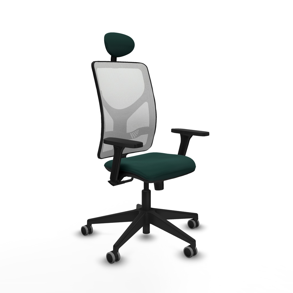 Motilla sincro malla blanca similpiel verde botella brazos 3D base piramidal cabecero fijo ruedas 65mm engomadas