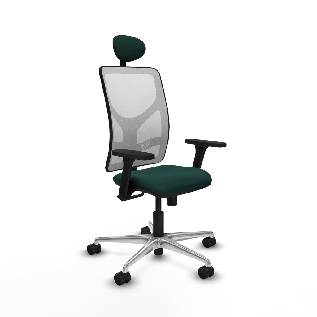 Motilla sincro malla blanca similpiel verde botella brazos 3D base aluminio cabecero fijo ruedas 65mm nailon