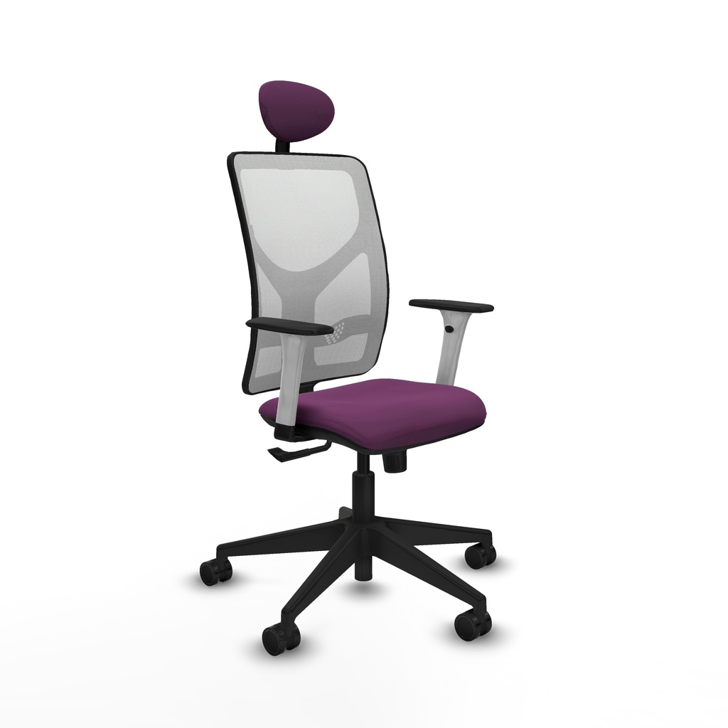 Motilla sincro malla blanca similpiel morado brazos blancos base piramidal cabecero fijo ruedas 65mm nailon