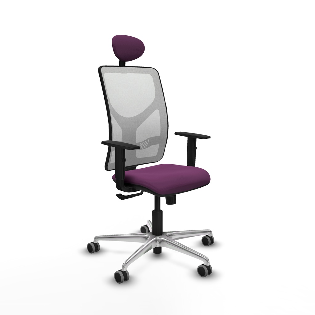 Motilla sincro malla blanca similpiel morado brazos 1D base aluminio cabecero fijo ruedas 65mm engomadas