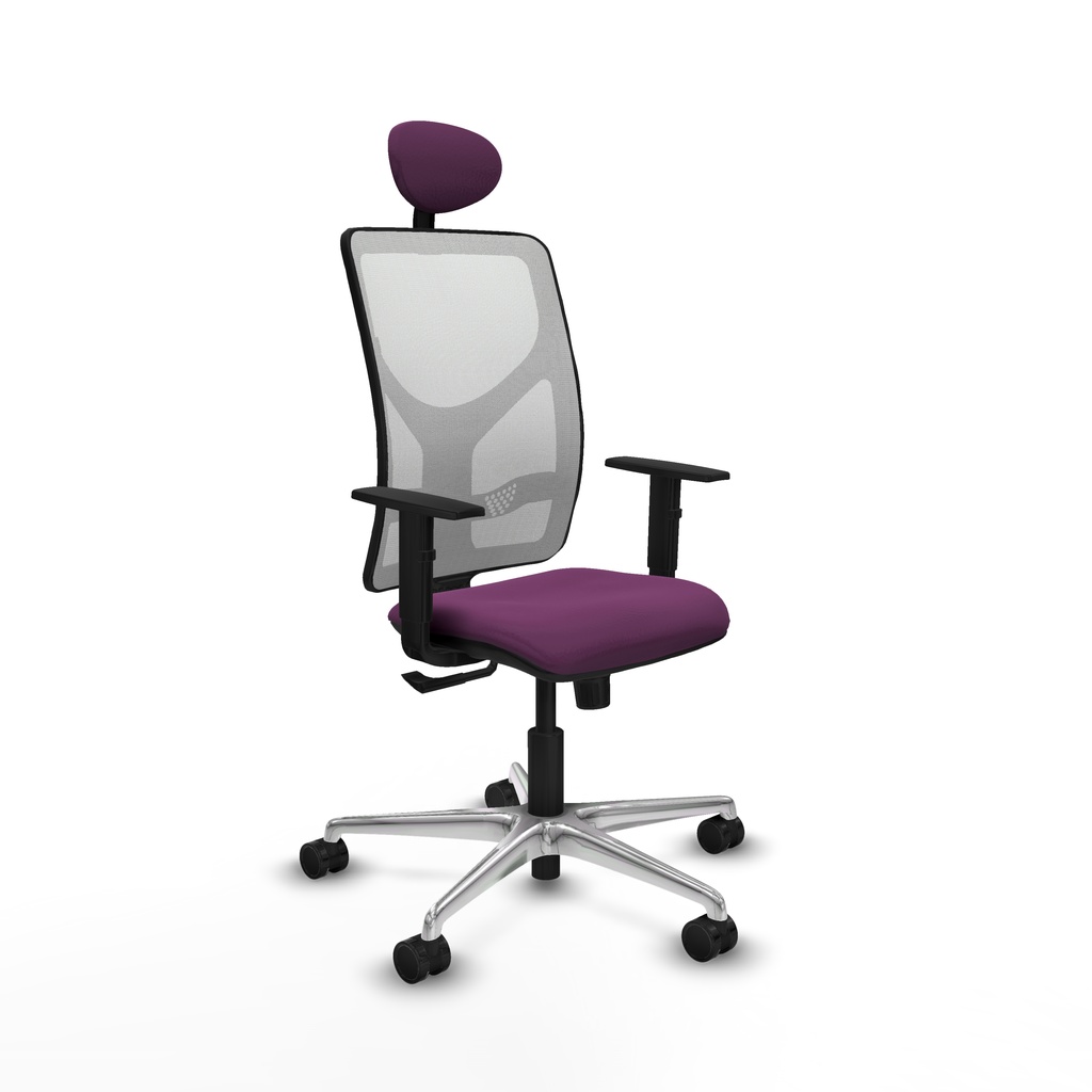 Motilla sincro malla blanca similpiel morado brazos 1D base aluminio cabecero fijo ruedas 65mm nailon