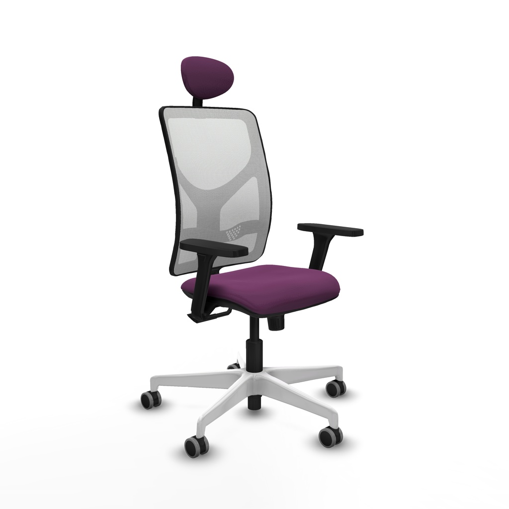 Motilla sincro malla blanca similpiel morado brazos 3D base blanca cabecero fijo ruedas 65mm engomadas