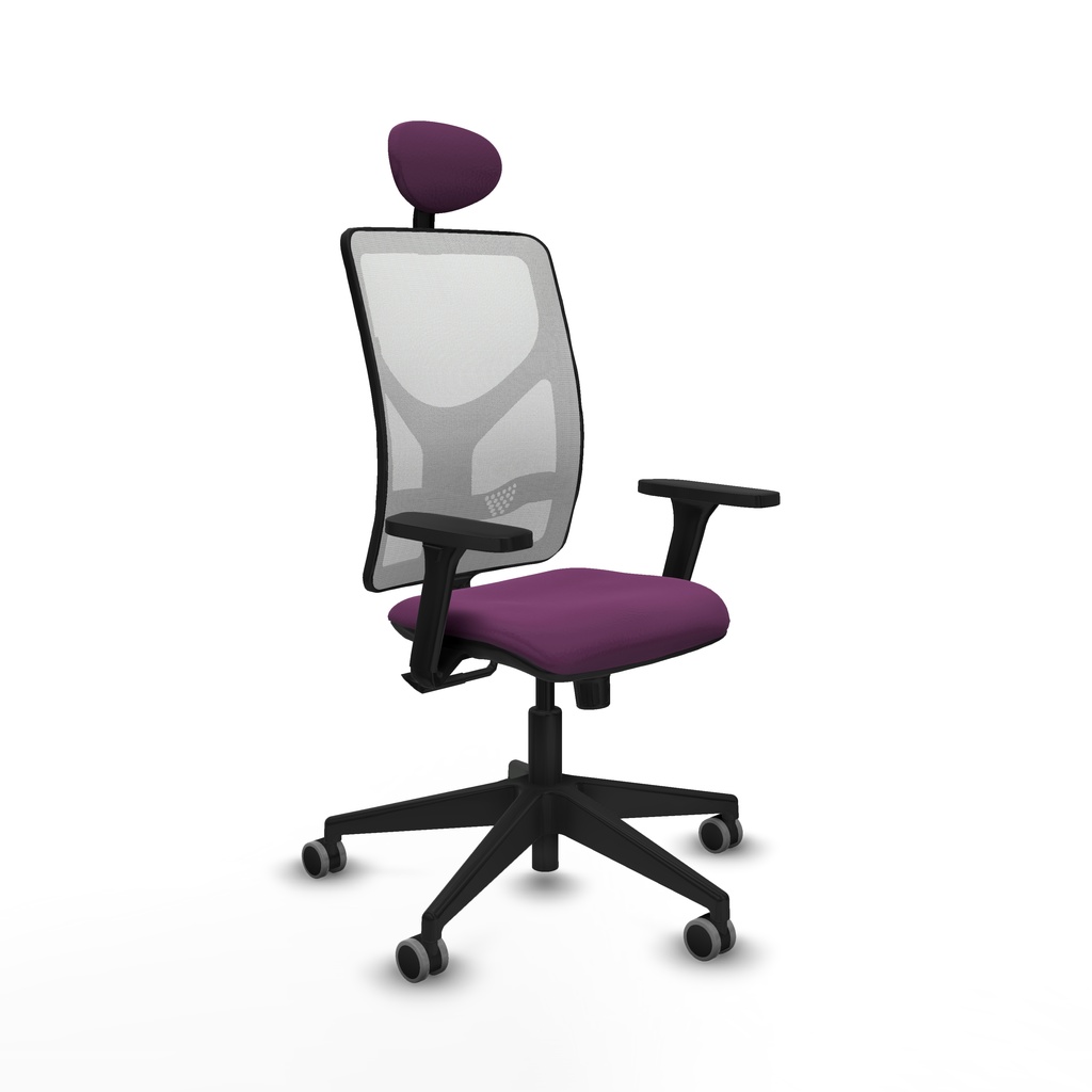 Motilla sincro malla blanca similpiel morado brazos 3D base piramidal cabecero fijo ruedas 65mm engomadas