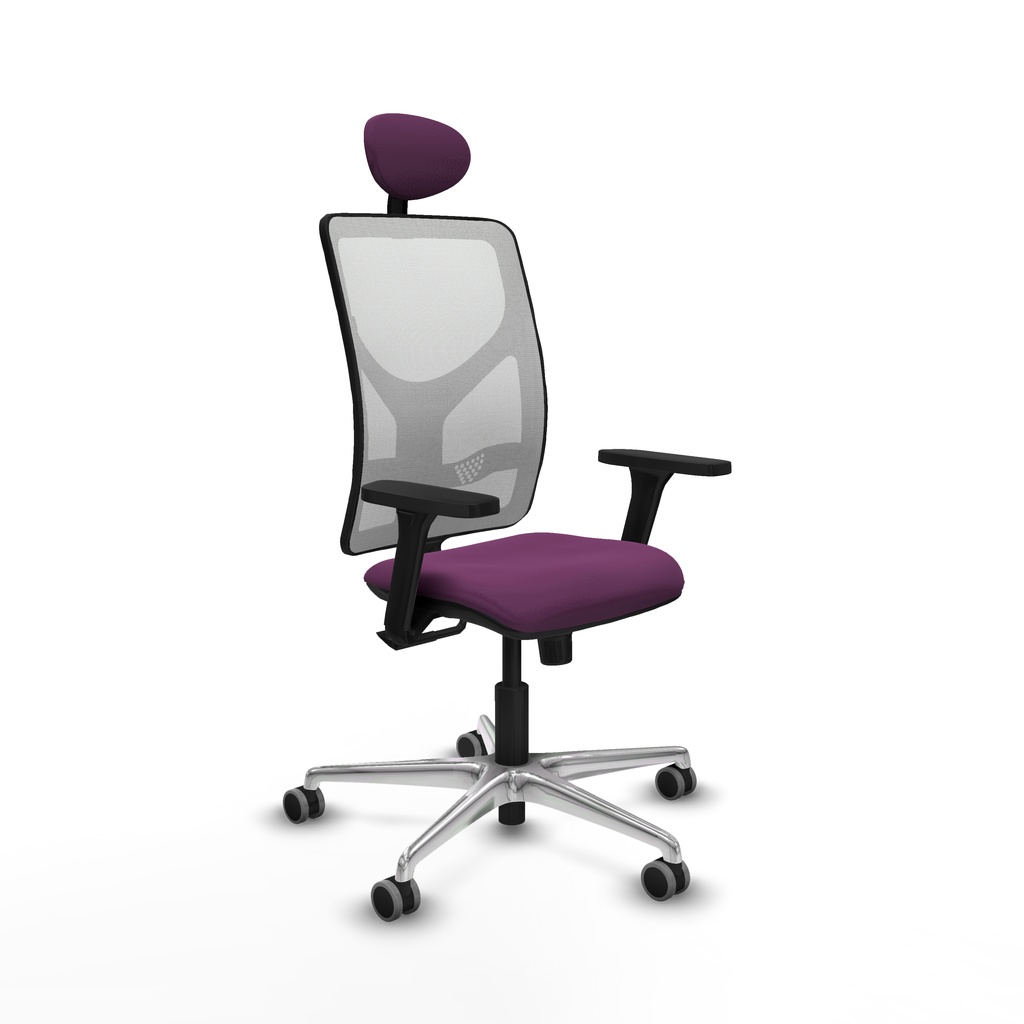 Motilla sincro malla blanca similpiel morado brazos 3D base aluminio cabecero fijo ruedas 65mm engomadas