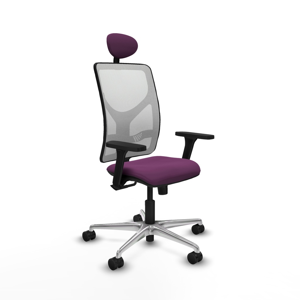 Motilla sincro malla blanca similpiel morado brazos 3D base aluminio cabecero fijo ruedas 65mm nailon