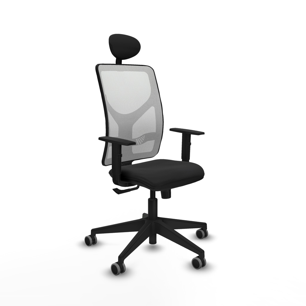 Motilla sincro malla blanca similpiel negro brazos 1D base piramidal cabecero fijo ruedas 65mm engomadas