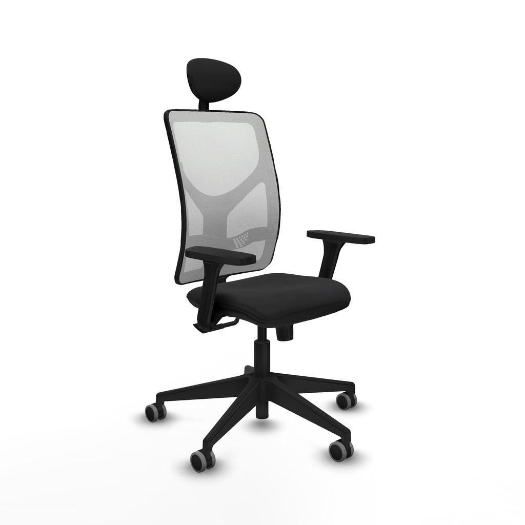 Motilla sincro malla blanca similpiel negro brazos 3D base piramidal cabecero fijo ruedas 65mm engomadas