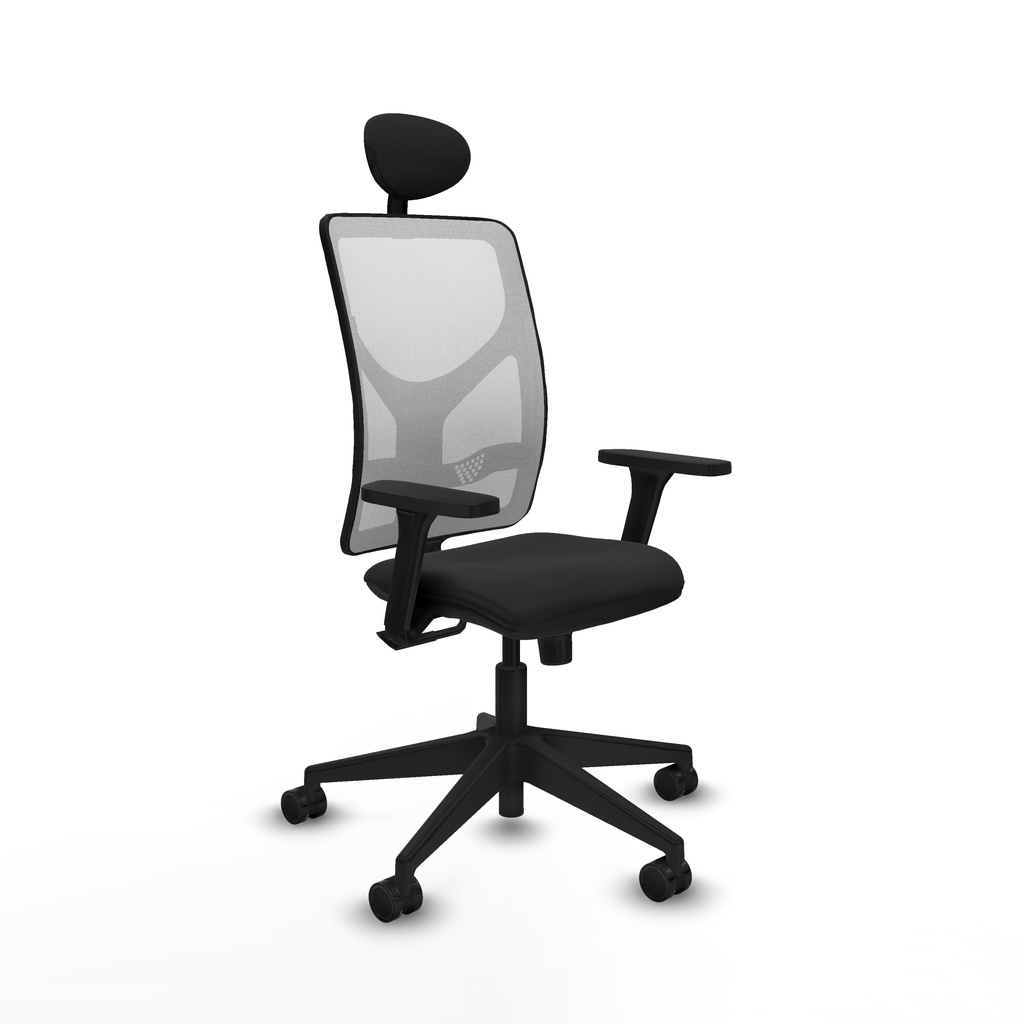 Motilla sincro malla blanca similpiel negro brazos 3D base piramidal cabecero fijo ruedas 65mm nailon