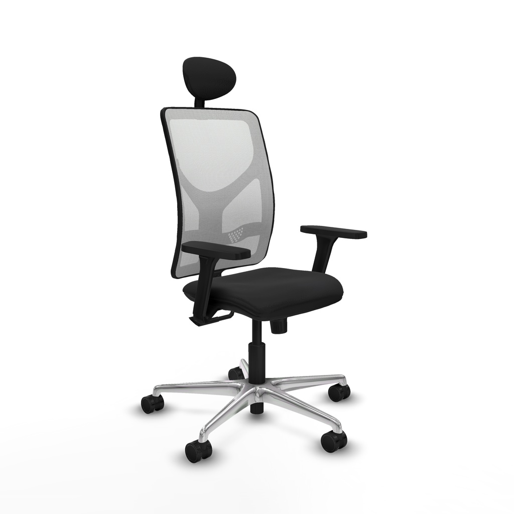 Motilla sincro malla blanca similpiel negro brazos 3D base aluminio cabecero fijo ruedas 65mm nailon