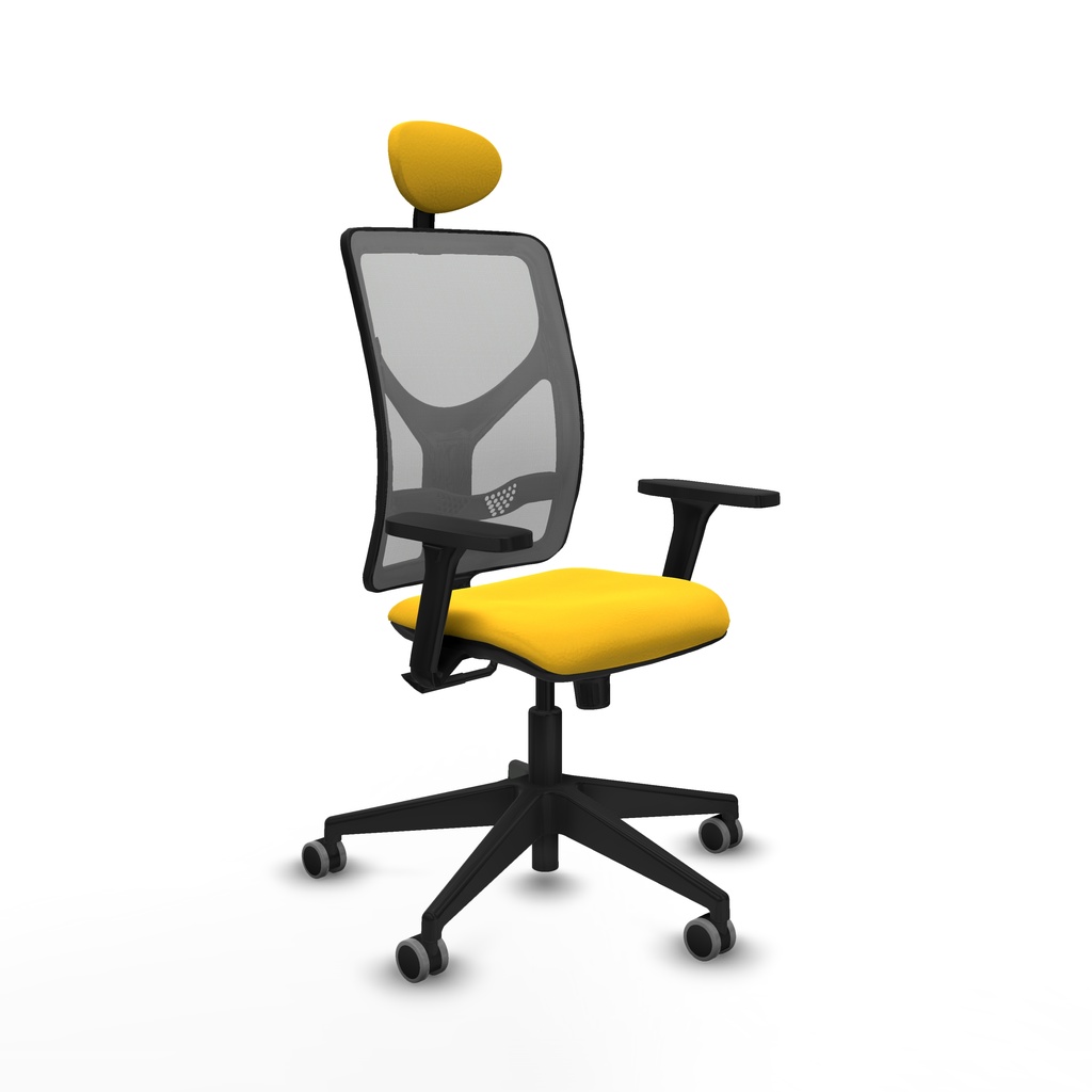 Motilla sincro malla gris similpiel amarillo brazos 3D base piramidal cabecero fijo ruedas 65mm engomadas