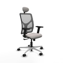 Motilla sincro malla gris similpiel blanco brazos 2D base aluminio cabecero fijo ruedas 65mm nailon