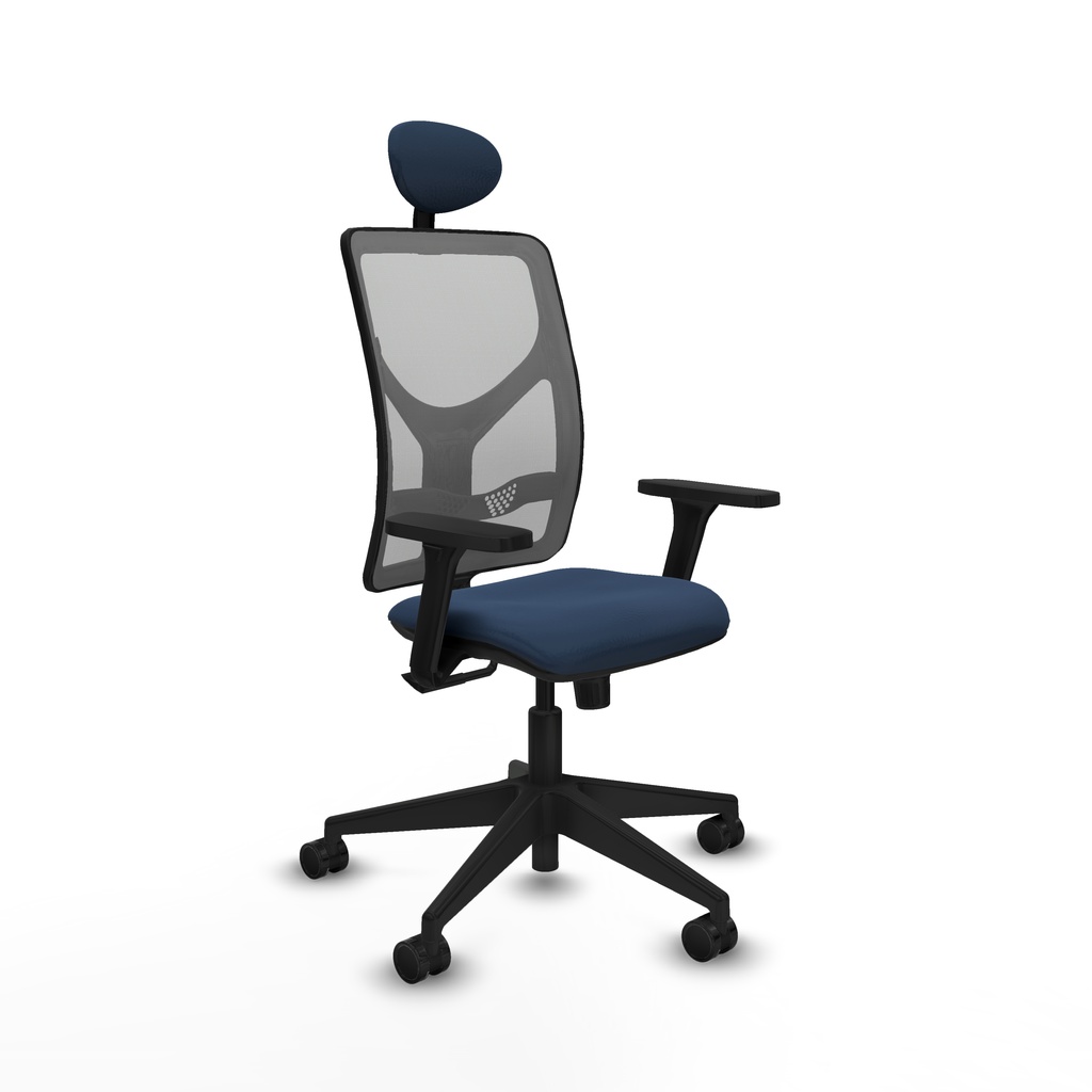 Motilla sincro malla gris similpiel azul marino brazos 3D base piramidal cabecero fijo ruedas 65mm nailon